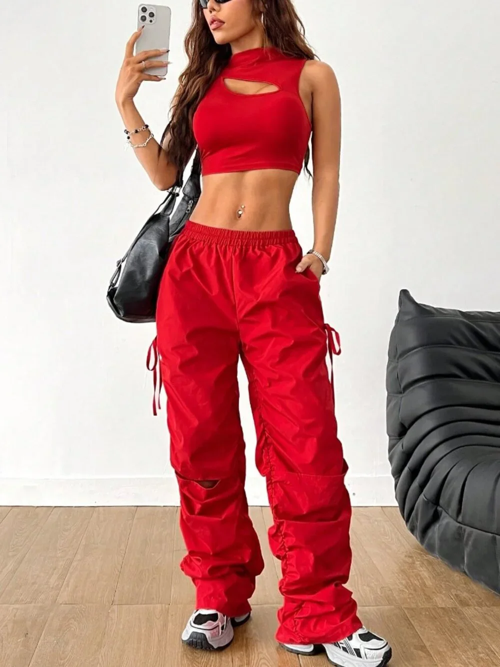 Red Casual Women's Basketball Streetwear Tank Top & Ruched Cargo Pants - Picture 1 of 6